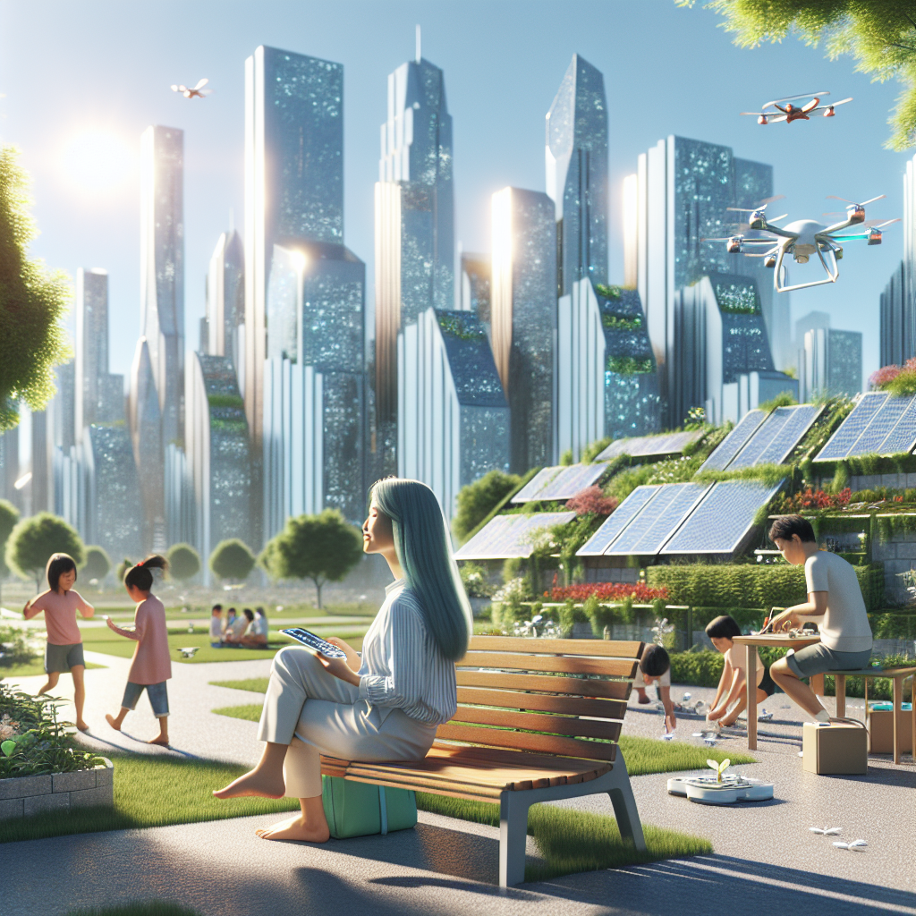 a woman sitting on a park bench in a solarpunk city, the day is bright and the sky is blue, there are some kids playing with drones and in the background the skyline of the city