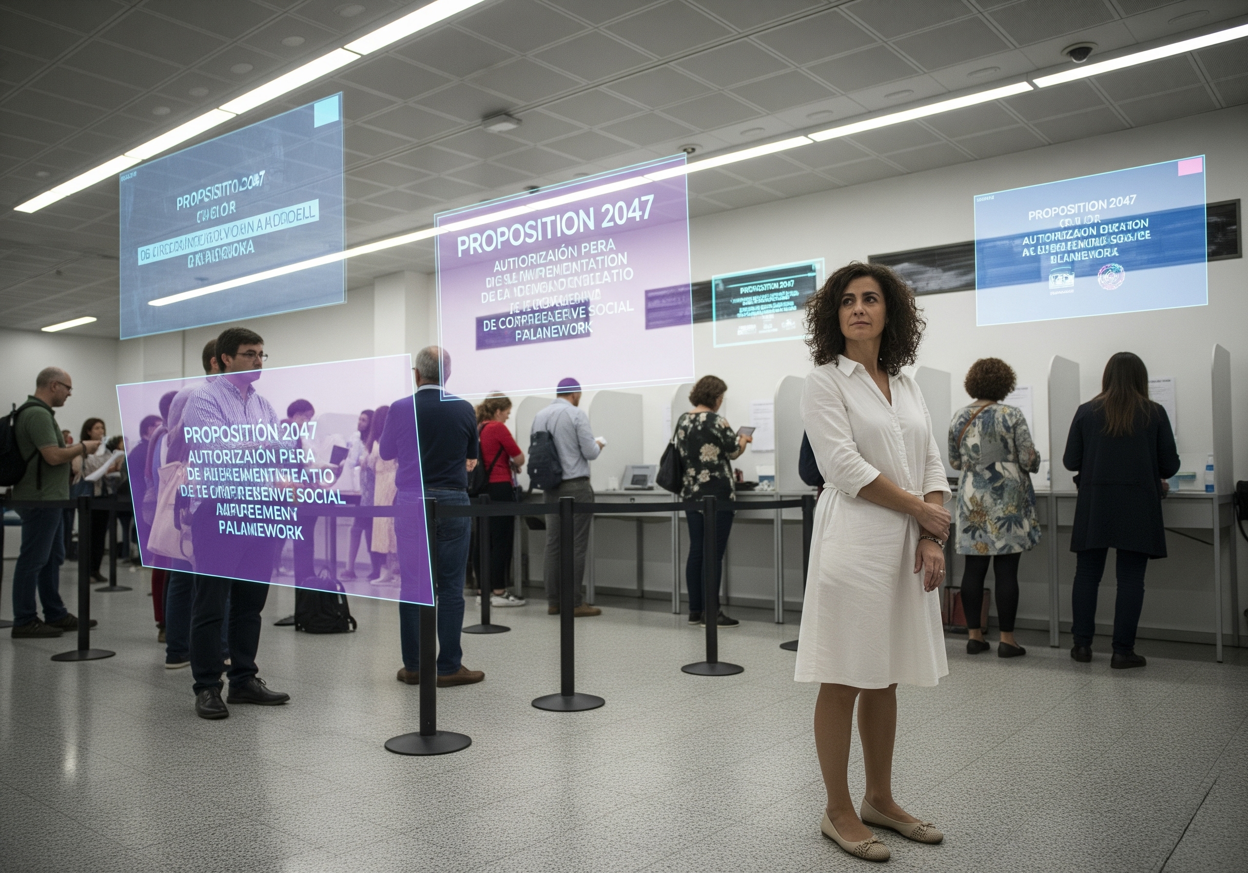 Imagen de una cola de votantes con pantallas holográficas mostrando propaganda