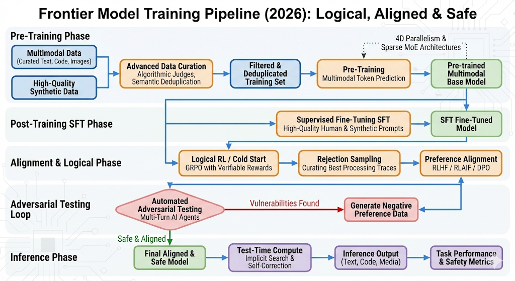 diagrama de entrenamiento 2026 con MoE, varias fases de post entrenamiento y red teaming