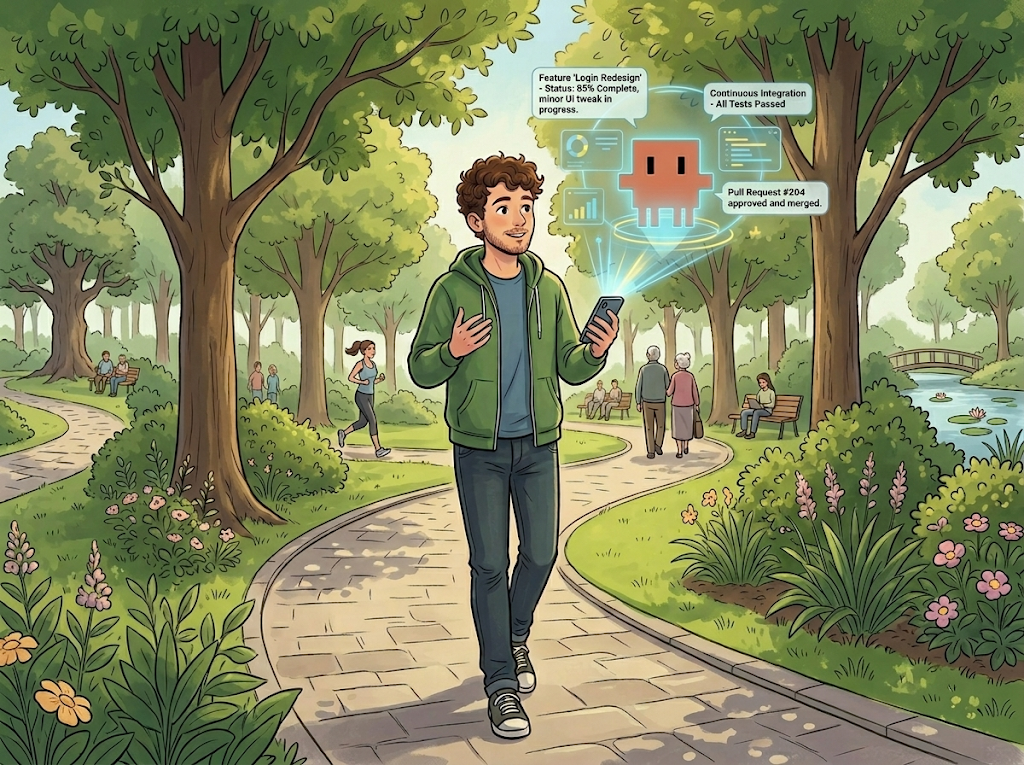Desarrollador paseando por el parque mientras controla Claude Code desde el móvil