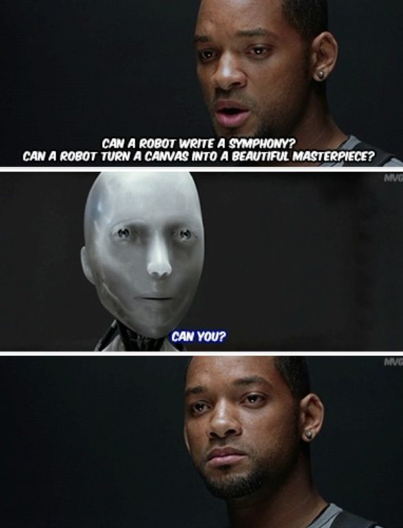 Meme from I robot where Will Smith ask a robot if they can create a symfony and the robot asks back: can you?