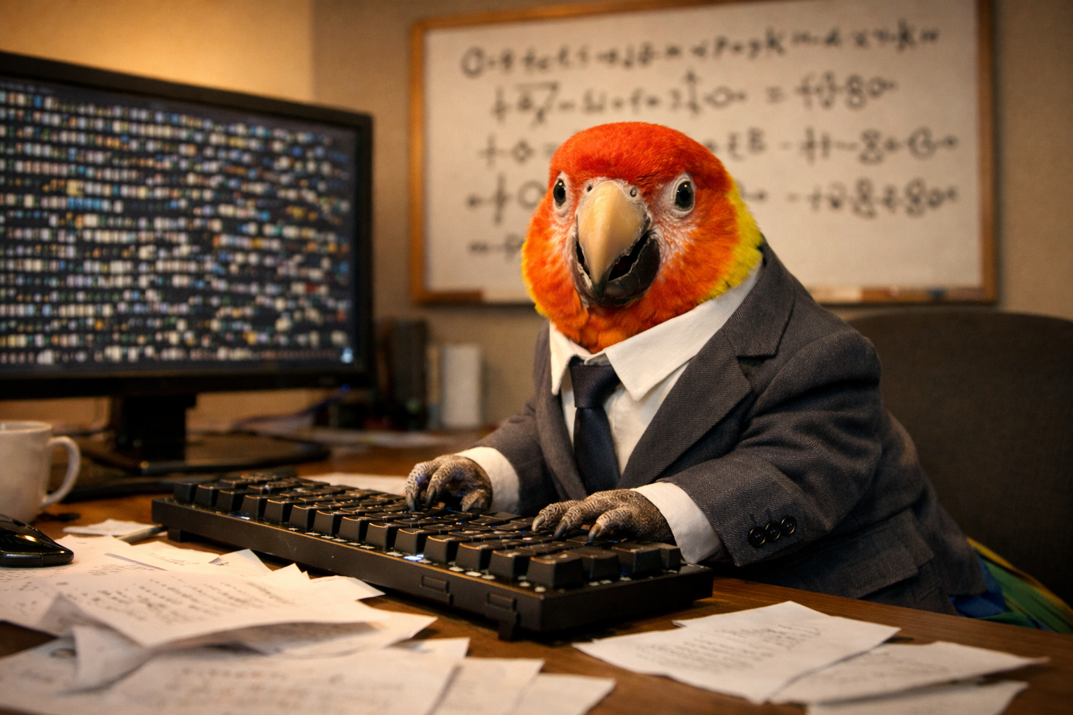 Loro estocástico intentando programar y mirando a la cámara con confianza