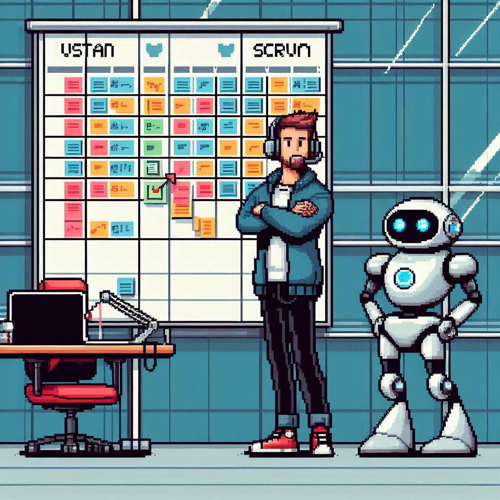 "robot in an office in front of a scrum board looking at the board and deciding what task to take next pixel art" DALL-E 3