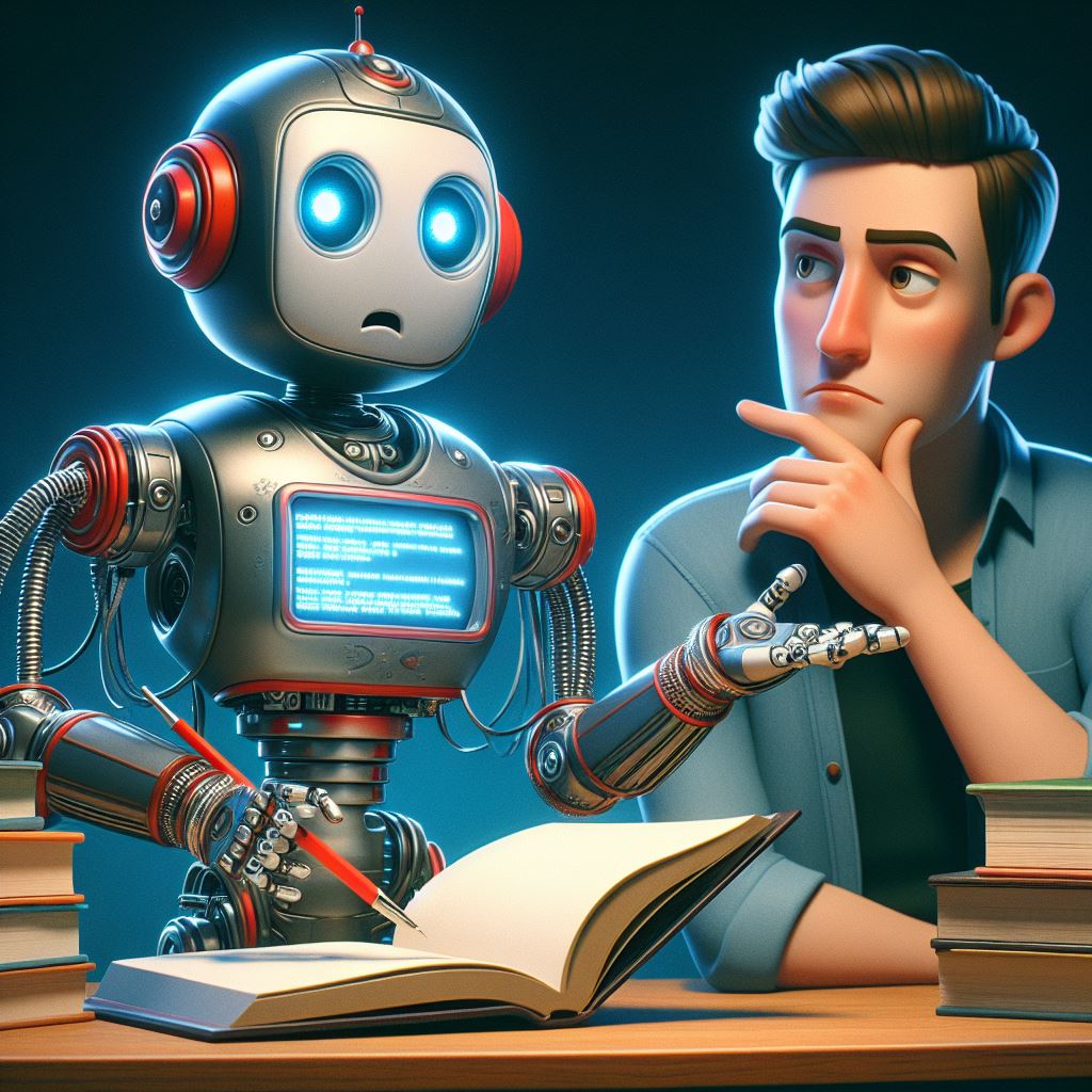 "A writer looking skeptically at a robot that is writing a book" DALL-E 3